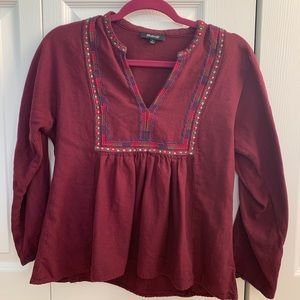 MADEWELL long sleeved burgundy top with embroidery